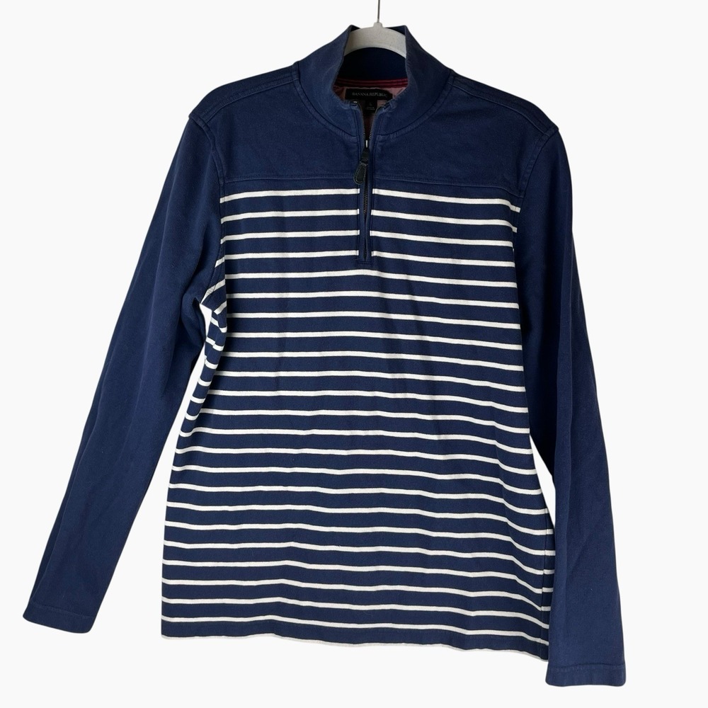 BANANA REPUBLIC 1/4 Zip Sweater Men's‎ Large Blue Preppy Striped Nautical Cotton